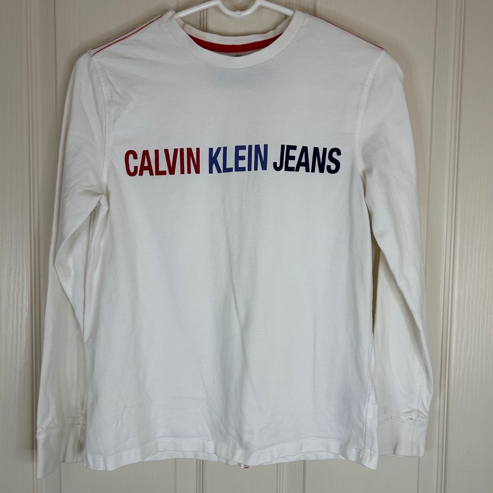 Calvin Klein Jeans‎ XS White Long Sleeve Logo T-Shirt Crew Neck Top